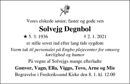 Dødsannoncen for Solvejg Degnbol - Ølstykke