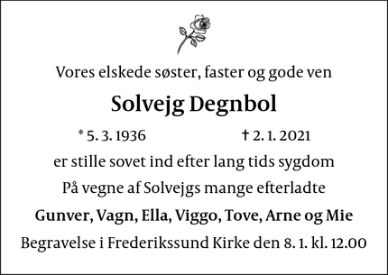 Dødsannoncen for Solvejg Degnbol - Ølstykke