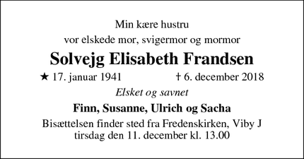 Dødsannoncen for Solvejg Elisabeth Frandsen - Viby