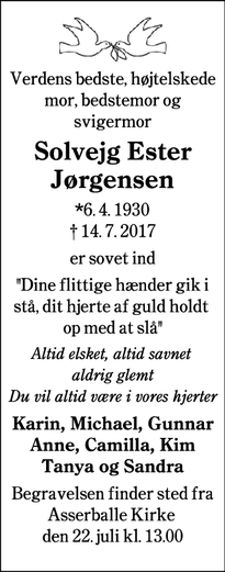 Dødsannoncen for Solvejg Ester Jørgensen - Sønderborg