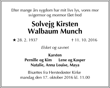Dødsannoncen for Solvejg Kirsten
Walbaum Munch - Albertslund
