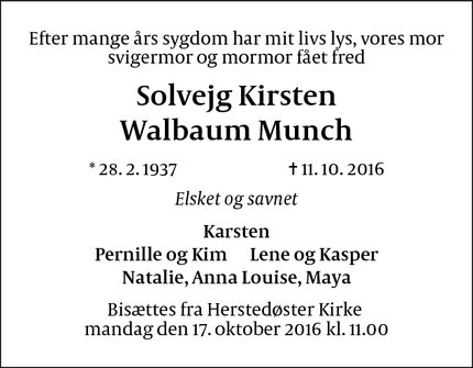 Dødsannoncen for Solvejg Kirsten
Walbaum Munch - Albertslund