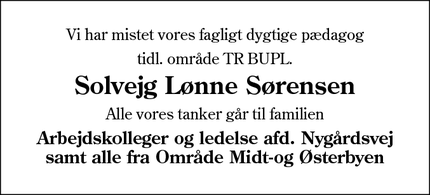 Dødsannoncen for Solvejg Lønne Sørensen - Esbjerg