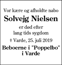 Dødsannoncen for Solvejg Nielsen - Varde