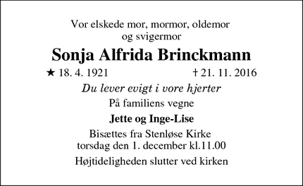Dødsannoncen for Sonja Alfrida Brinckmann - Odense