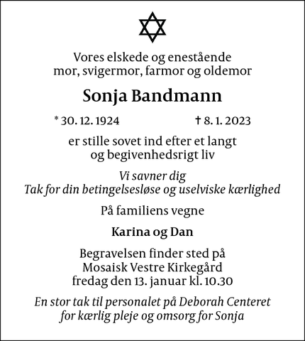 Dødsannoncen for Sonja Bandmann - Hellerup
