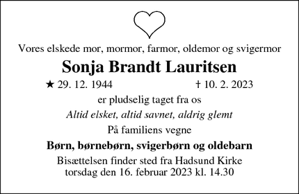 Dødsannoncen for Sonja Brandt Lauritsen - Hadsund
