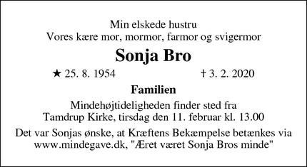 Dødsannoncen for Sonja Bro - Lund