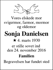 Dødsannoncen for Sonja Danielsen - Odense