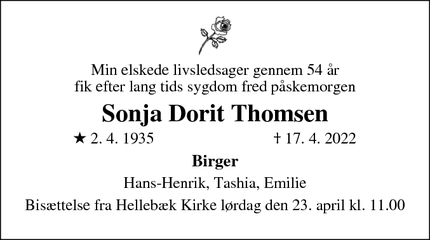 Dødsannoncen for Sonja Dorit Thomsen - Ålsgårde