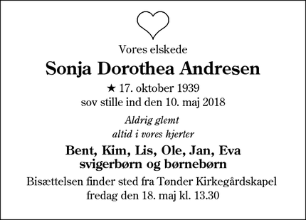 Dødsannoncen for Sonja Dorothea Andresen - Tønder