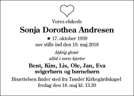 Dødsannoncen for Sonja Dorothea Andresen - Tønder
