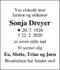 Dødsannoncen for Sonja Dreyer - Viborg