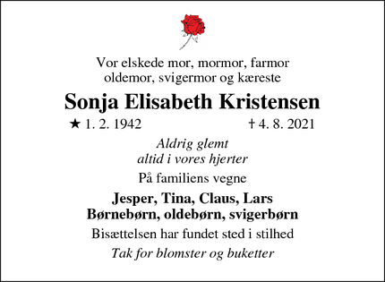 Dødsannoncen for Sonja Elisabeth Kristensen - Nørre Åby