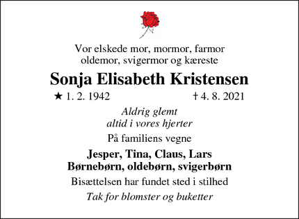 Dødsannoncen for Sonja Elisabeth Kristensen - Nørre Åby
