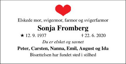 Dødsannoncen for Sonja Fromberg - Allerød