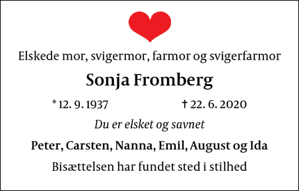 Dødsannoncen for Sonja Fromberg - Allerød