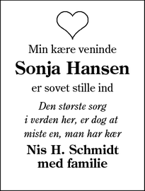 Dødsannoncen for Sonja Hansen - Gram