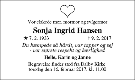 Dødsannoncen for Sonja Ingrid Hansen - 5380 dalby