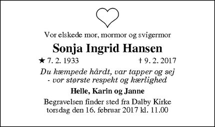 Dødsannoncen for Sonja Ingrid Hansen - Dalby