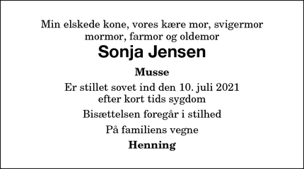 Dødsannoncen for Sonja Jensen - Musse