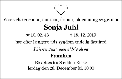Dødsannoncen for Sonja Juhl - Esbjerg