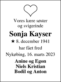 Dødsannoncen for Sonja Kayser - Nykøbing Mors