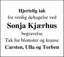 Dødsannoncen for Sonja Kjærhus - Haderslev
