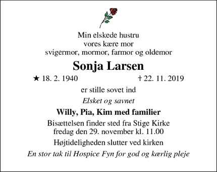 Dødsannoncen for Sonja Larsen - Stige