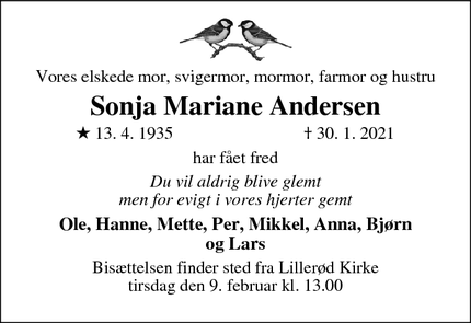 Dødsannoncen for Sonja Mariane Andersen - Allerød