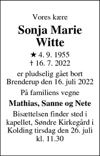 Dødsannoncen for Sonja Marie
Witte - Brenderup