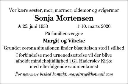 Dødsannoncen for Sonja Mortensen - Haderslev