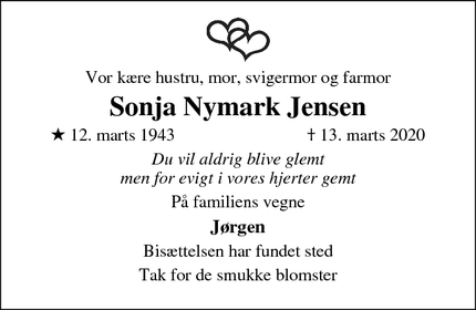 Dødsannoncen for Sonja Nymark Jensen - Esbønderup