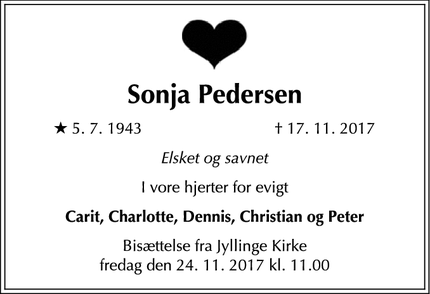 Dødsannoncen for Sonja Pedersen - Jyllinge