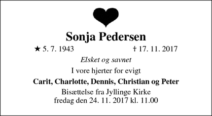 Dødsannoncen for Sonja Pedersen - Jyllinge