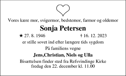 Dødsannoncen for Sonja Petersen - Refsvindinge 