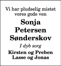 Dødsannoncen for Sonja Petersen
Sønderskov - Sønderskov