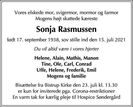 Dødsannoncen for Sonja Rasmussen - Farum