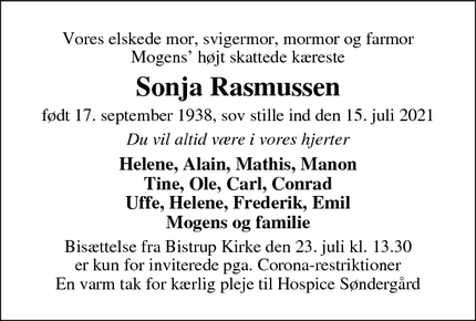 Dødsannoncen for Sonja Rasmussen - Farum