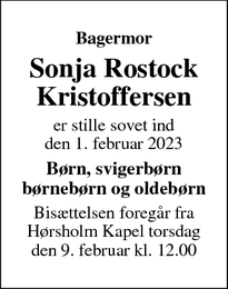 Dødsannoncen for Sonja Rostock
Kristoffersen - Hørsholm