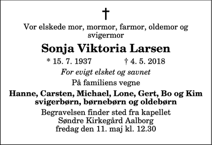 Dødsannoncen for Sonja Viktoria Larsen  - Aalborg