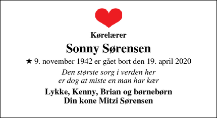 Dødsannoncen for Sonny Sørensen - Født i Nyborg død i Millinge-
