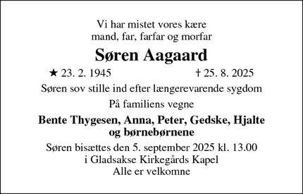 Dødsannoncen for Søren Aagaard - Søborg