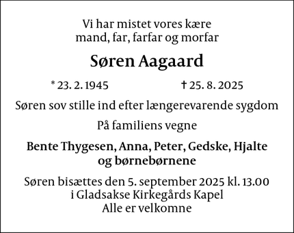 Dødsannoncen for Søren Aagaard - Søborg