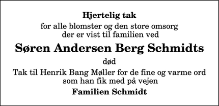 Dødsannoncen for Søren Andersen Berg Schmidts - Skagen