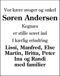 Dødsannoncen for Søren Andersen - Østerby, Kegnæs (als)
