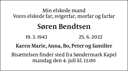 Dødsannoncen for Søren Bendtsen - København