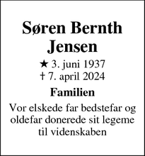 Dødsannoncen for Søren Bernth Jensen - Charlottenlund