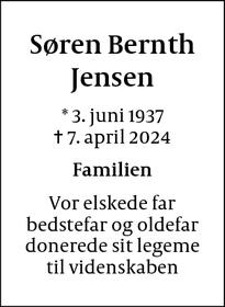 Dødsannoncen for Søren Bernth Jensen - Charlottenlund