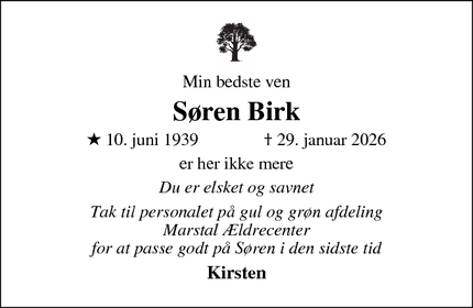 Dødsannoncen for S&oslash;ren Birk - Skovby